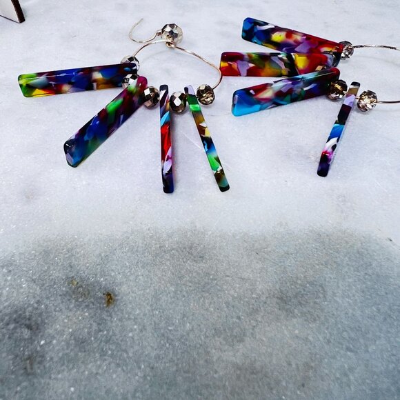Retro Colorful Acrylic 3" Dangle Hoop Earrings Bars Beads Boho Gypsy Vtg style - Picture 7 of 7